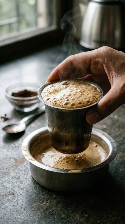 Fresh filter coffee being poured into a steel davara